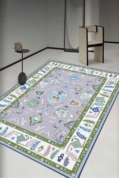 AOKİ Lavanta Vintage Eskitme Desenli Yıkanbilir Kaymaz Taban süngerli Salon H...