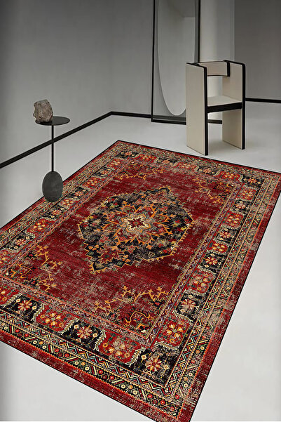 AOKİ Kırmızı Vintage Eskitme Desenli Yıkanbilir Kaymaz Taban süngerli Salon Halısı