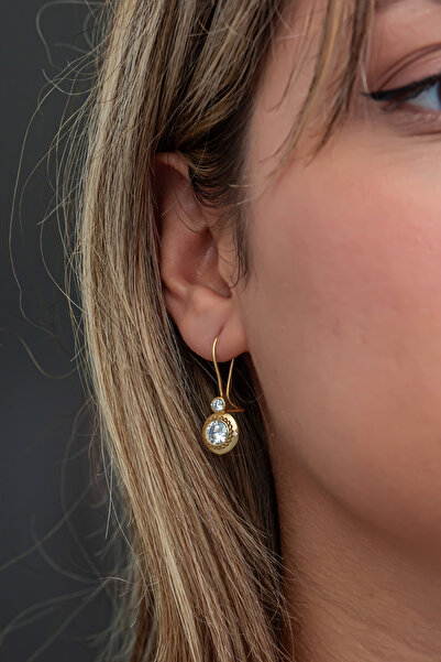 Nereze 925 Ayar Gümüş Gold Kaplama Elmas Montür Tektaş Küpe