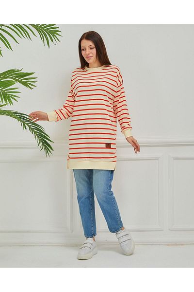 Arabul Knitwear Striped Model Cotton Hijab Tunic