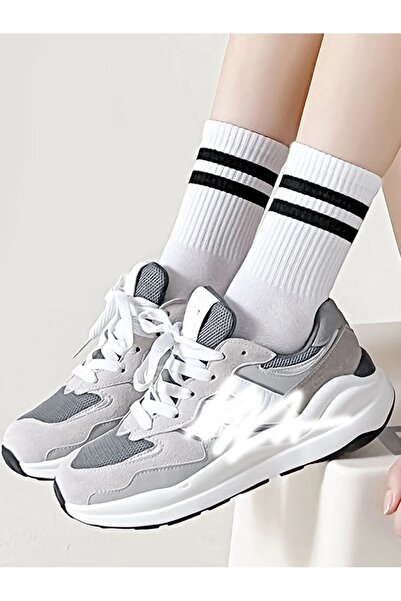 çorapmanya 6 Pairs Women's Black and White Striped College Tennis Socks