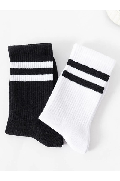 çorapmanya 6 Pairs Women's Black and White Striped College Tennis Socks