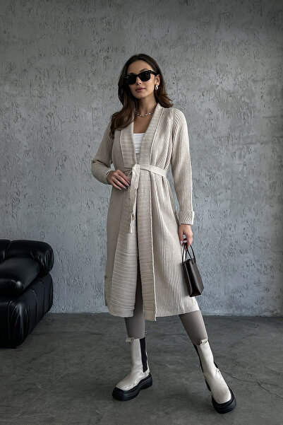 Nosia Shawl Collar Model Belted Long Knitwear Cardigan