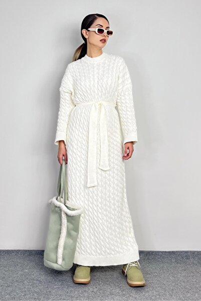 Ritnice Kadın Ashley Krem Saç Örgülü Triko Uzun Elbise