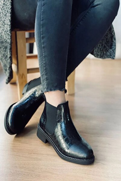 Rainon Store Black Leather Croquet Elastic Women's Boots