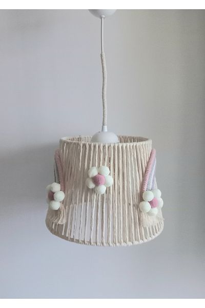 C&A&B KUZEY AVİZE Ecru Macrame Rope Wrap - Flower Applique Pompom Baby Girl's Room Pendant Lamp Chandelier
