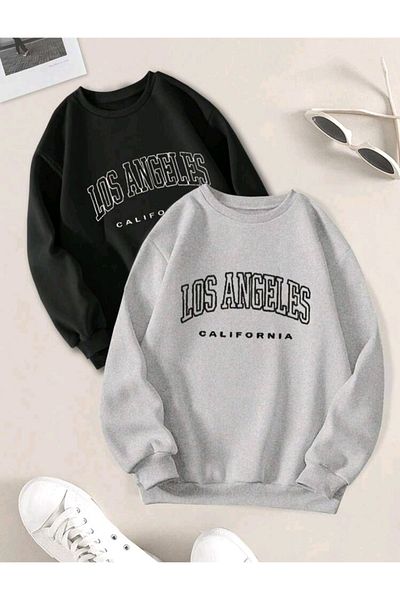 Mythologie Los Angeles California Lover Couple Combination Sweatshirt - Black Gray Printed Oversize Crew Neck