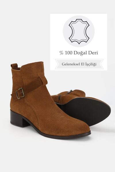 TUNAELLİ Kadın Taba Süet Hakiki Deri 35-41 Numara Kısa Topuklu Bot & Bootie