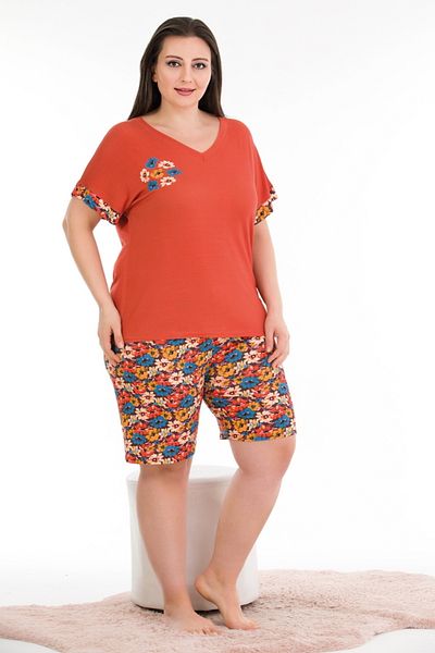 quilling Orange Colored and Floral Print Lady 10392 Plus Size Shorts Pajamas Set
