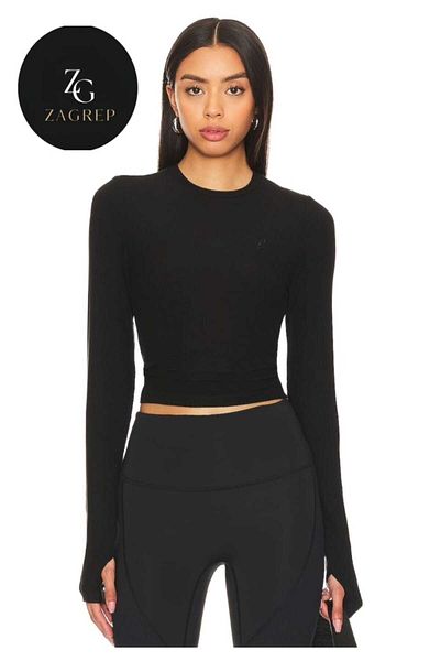Zagrep Women's Black Crop Top Finger-Snap Crew Neck Double-Layer Not Showing Inner Imported Jersey Crop