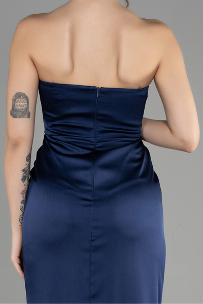 Abiyefon Lacivert Straplez Balen Korse Yırtmaçlı Uzun Saten Abiye ABU3474