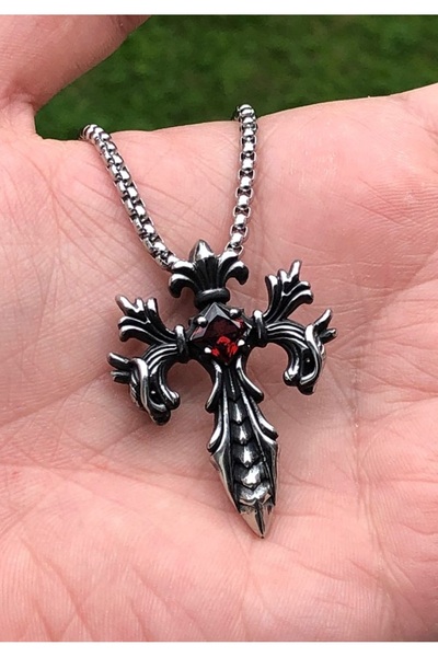 Viking Gothic Witchcraft Haç Vintage Ejder Kanatlı Zirkon Taş 316L Çelik Unis...