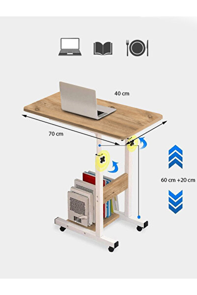 servetavcı Yükseklik Ayarlı Yatak Sehpası - Atlantik Çam Beyaz (TEKERLİ) 70x40 Oval Kenar