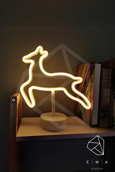 Ema Dükkan Geyik Neon Led Gece Lambası Usb Pilli Dekoratif Masa Lambası Çocuk...
