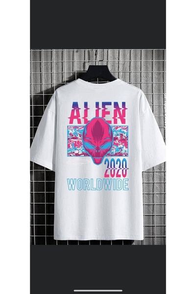 Adrift Tricou alb pentru bărbați Alien oversize cu decolteu triplu