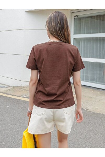 Adrift Γυναικείο μπλουζάκι με λαιμόκοψη σε καφέ τέσσερα στάμπα