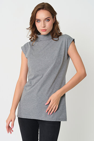 Avones Γυναικείο κολάρο αμάνικο πλεκτό 100% βαμβακερό τουνίκ γκρι