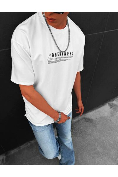 Adrift Tricou alb pentru bărbați cu imprimeu Interpol, bumbac supradimensionat, cu decolteu triplu