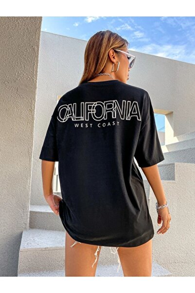Tarzsokak Ženska crna majica California West Coats Štampano Oversize kroj okr...