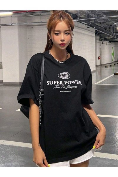 Adrift Ženska crna oversize majica sa okruglim izrezom sa printom "Super Power"