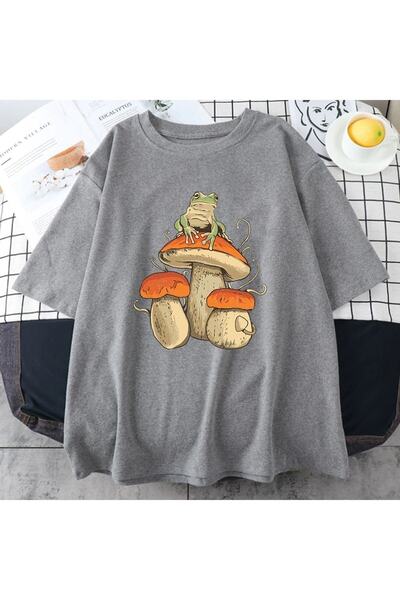 Adrift Tricou supradimensionat cu decolteu rotund cu imprimeu ciuperci gri pe...