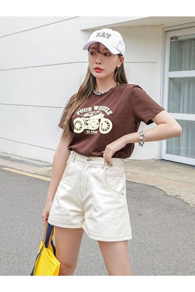 Adrift Γυναικείο μπλουζάκι με λαιμόκοψη σε καφέ τέσσερα στάμπα