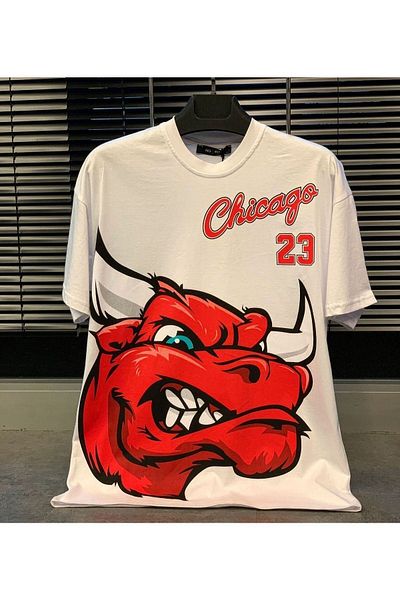 FANBOX SHOP Ανδρικό λευκό μπλουζάκι Chicago 23 με στάμπα Oversize Crew Neck