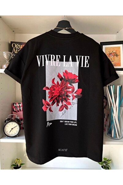 Adrift Tricou unisex negru Vivre La Vie cu imprimeu supradimensionat din bumb...