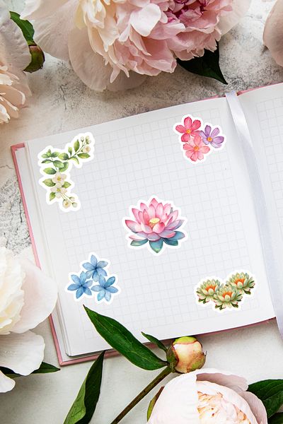 Beyaz Grafik ملصق مكون من 3 أوراق بتصميم زهور - ملصق دفتر هاتف لابتوب مجلة رصاصة جدول الأعمال الزهري