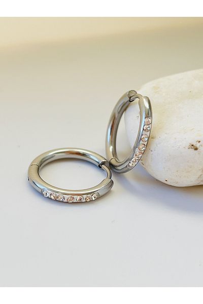 KOALA COMPANY STEEL SILVER COLOR ZIRCON STONE RING EARRING 15 MM