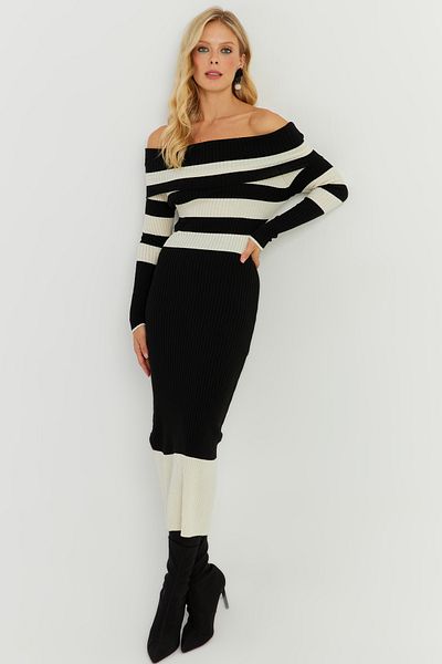 Cool & Sexy Rochie midi tricot cu dungi Madonna negru-ecru pentru femei KED143