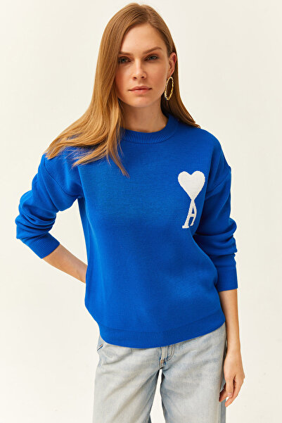 Olalook Жіночий в'язаний светр Saks Blue Heart з деталями KZK19000735