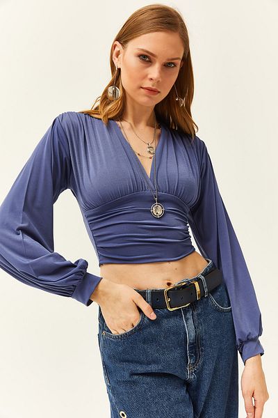 Olalook Γυναικεία Indigo Deep Decollete Μπλούζα Crop με ζωντάνια στη μέση BLZ-19001696