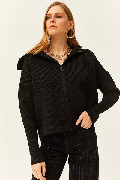 Olalook Dámský černý límeček s detailním měkkým texturovaným tlustým úpletem Cardigan HRK-19000266