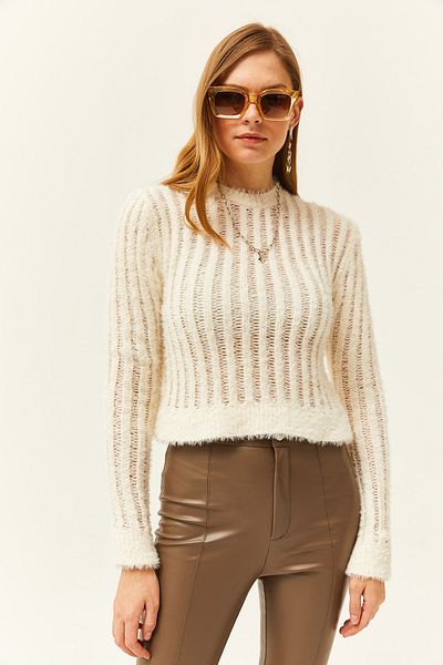 Olalook Women's Ecru Openwork Ribbed Bearded Knitwear Blouse BLZ-19002459