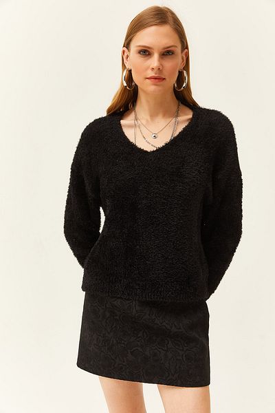Olalook Women's Black V-Neck Bearded Soft Textured Knitwear Sweater KZK-19000734