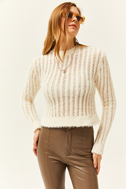 Olalook Women's Ecru Openwork Ribbed Bearded Knitwear Blouse BLZ-19002459