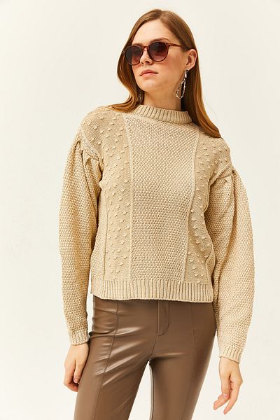 Olalook Damen Strickpullover mit kleinen Pompons in Stein KZK-19000740