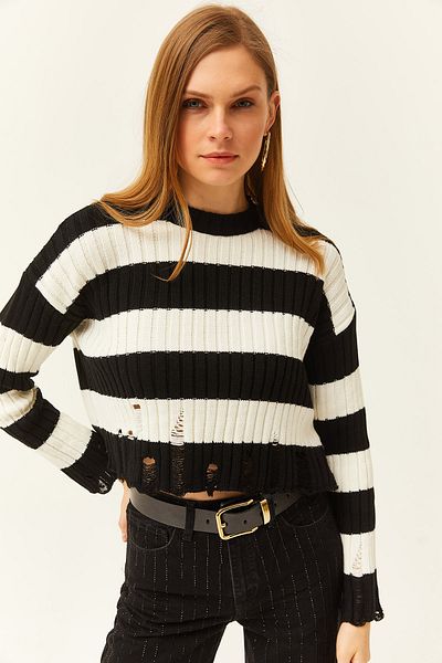 Olalook Pulover de damă, negru, cu dungi groase, rupte, cu detalii, tricotaje KZK-19000737