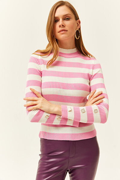 Olalook Pulover de damă, cu mâneci în dungi roz, cu nasturi, din tricotaj din lycra KZK-19000731