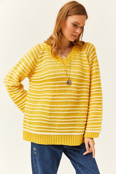 Olalook Women's Yellow V-Neck Striped Soft Textured Knitwear Sweater KZK-19000739