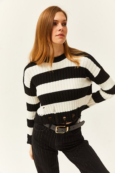 Olalook Pulover de damă, negru, cu dungi groase, rupte, cu detalii, tricotaje KZK-19000737