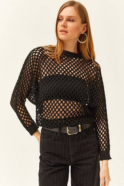 Olalook Women's Black Crew Neck Bat Openwork Knitwear Blouse BLZ-19002458