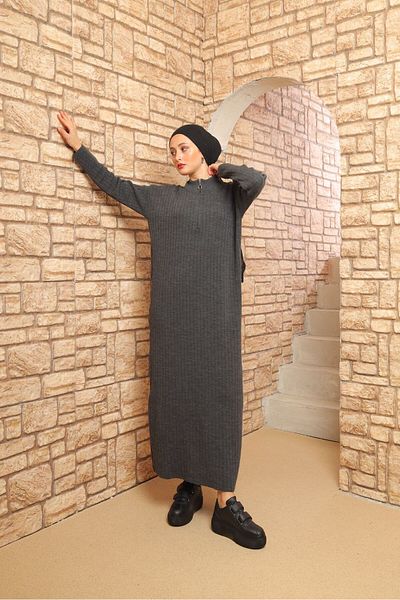 CANSELLBUTİKK Standard Size Long Knitwear Hijab Dress with Zippered Collar