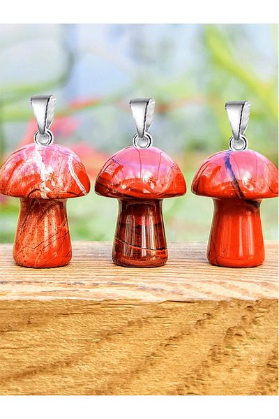 Tesbih Atölyesi Certified Mushroom Model Red Jasper Stone Necklace - Silver Apparatus