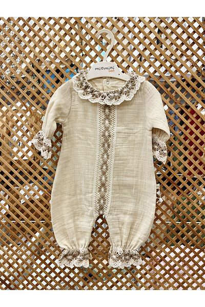 PARK BEBE Baby Girl Muslin Lace Collar Jumpsuit Natural Fabric 100% Cotton