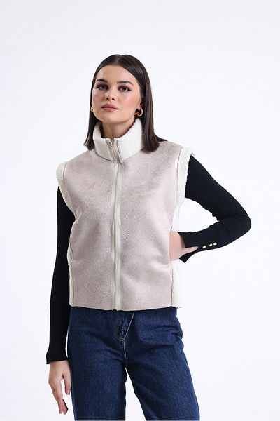 Hebb Club Women's Zippered Vest with Fur Inside and Collar