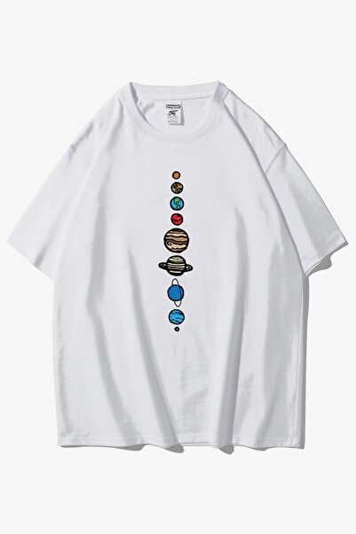 Tarzsokak Tricou oversize cu decolteu rotund cu imprimeu alb 9 planete unisex