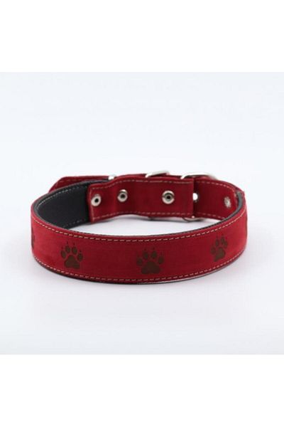 Glipet Paw Pattern Burgundy Colored Leather Soft Textured Dog Collar 3X60 cm