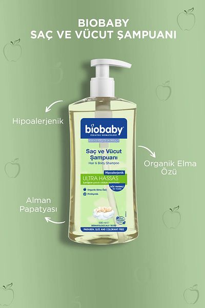 Biobaby Ultra Sensitive 500 ml Hair and Body Shampoo - Prebiotic Allman Chamomile, Organic Content Set of 2